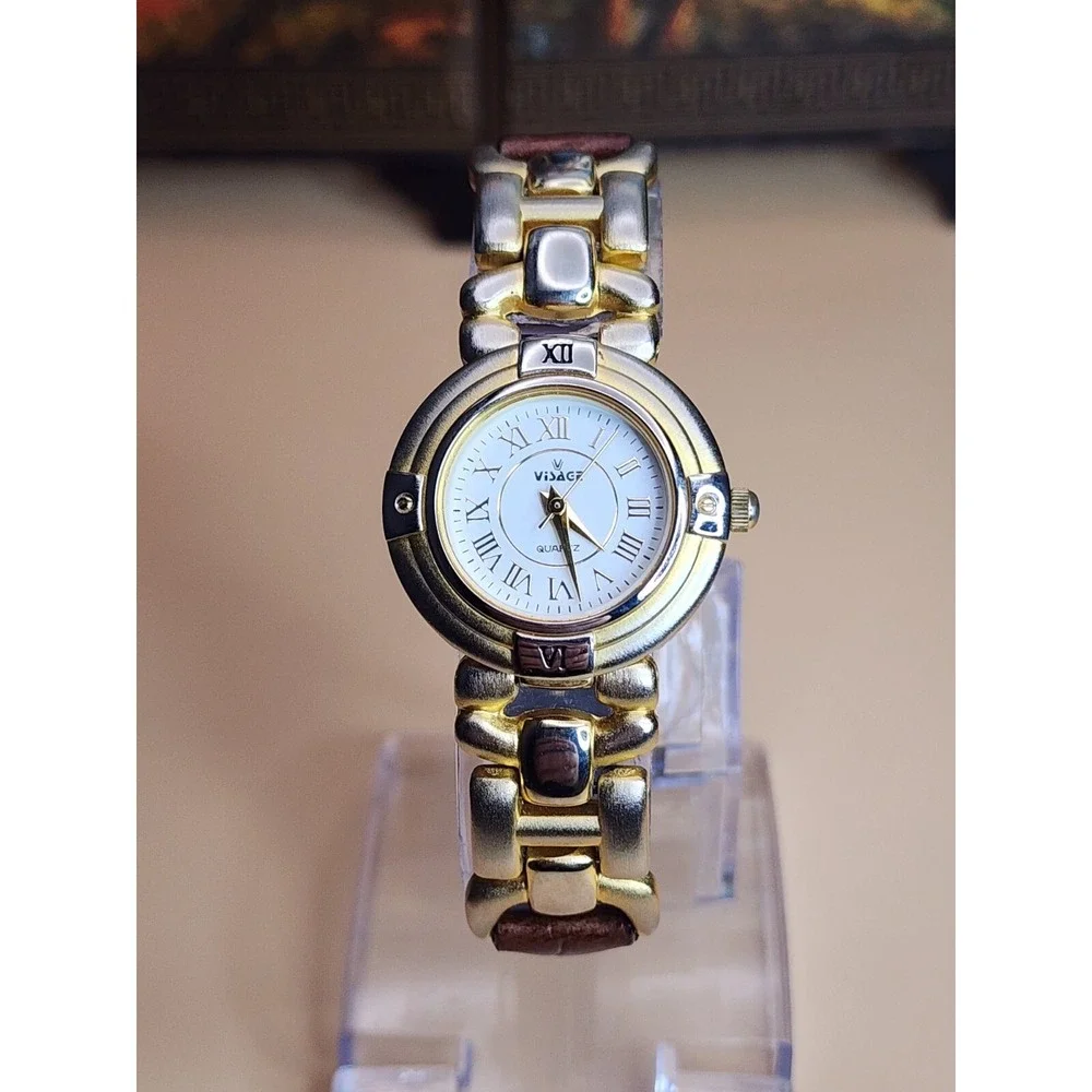 Vintage VISAGE Gold Tone & Brown Leather Watch New Battery FREE SHIPPING!!